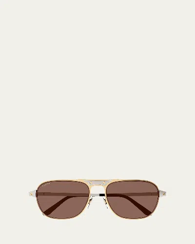 Cartier Men's Ct0532sm Metal Aviator Sunglasses In Brushed Platinum Finish With Brushed Golden Finish Insert