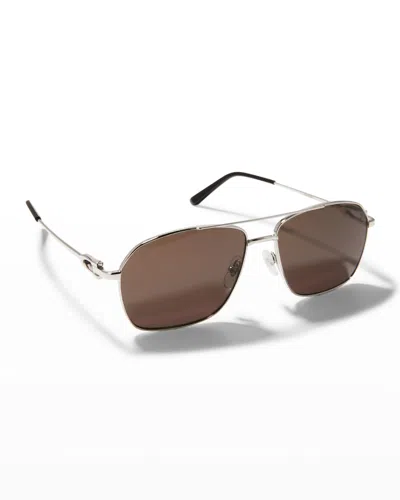 Cartier Men's Double-bridge Metal Square Sunglasses In Metallic