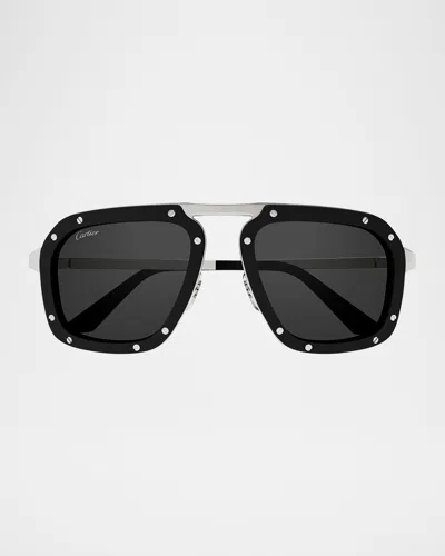 CARTIER MEN'S OVERSIZED METAL RECTANGLE SUNGLASSES