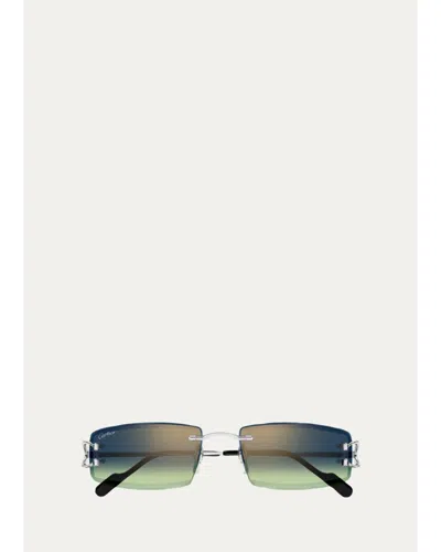 Cartier Men's Rimless Metal And Nylon Rectangle Sunglasses In Blue