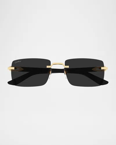 Cartier Men's Rimless Metal C-hinge Rectangle Sunglasses In Black