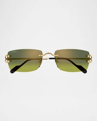 CARTIER MEN'S RIMLESS METAL C-HINGE RECTANGLE SUNGLASSES