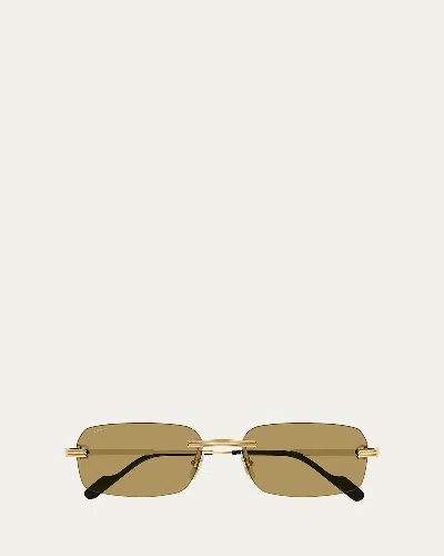 Cartier Men's Rimless Rectangle Metal Sunglasses In Brown