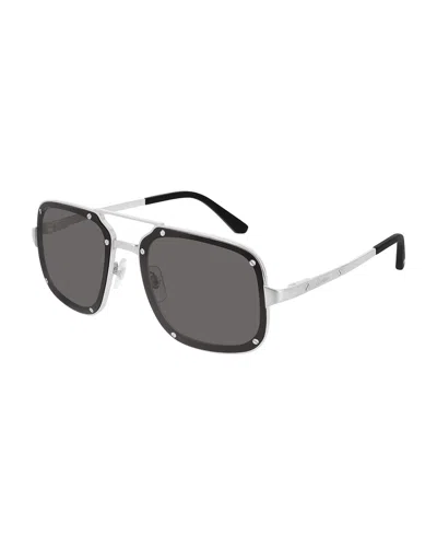 Cartier Men's Studded Square Double-bridge Sunglasses In Gray