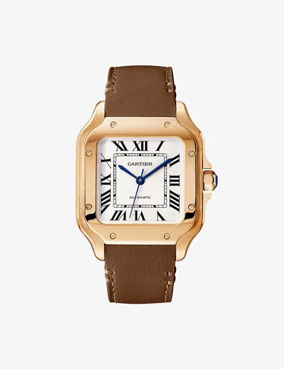 Cartier Mens Rose Gold Crwgsa0038 Santos De  18ct Rose-gold, Sapphire And Leather Automatic Watch