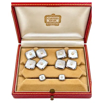 Pre-owned Cartier Mother Of Pearl And Pearl 14 Karat Cufflinks And Stud Set In Multiple