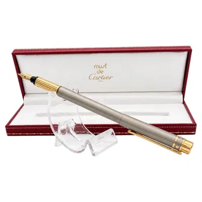 Pre-owned Cartier Must De  Santos Fountain Pen 18ct Gold Nib & Brushed Steel And Gilt Metal In Gray