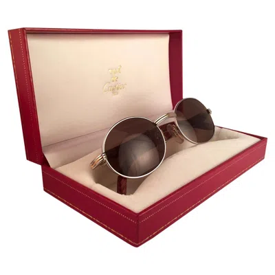 Pre-owned Cartier New  Giverny Full Platine & Wood 51/20 Brown Lenses France Sunglasses