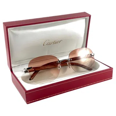 Pre-owned Cartier New  Rimless " Croco " C Decor Precious Wood Full Set France Sunglasses In Sand