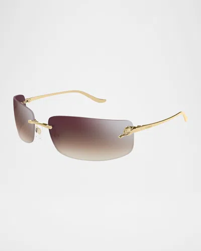 Cartier Panther Rimless Rectangle Metal Sunglasses In Brown