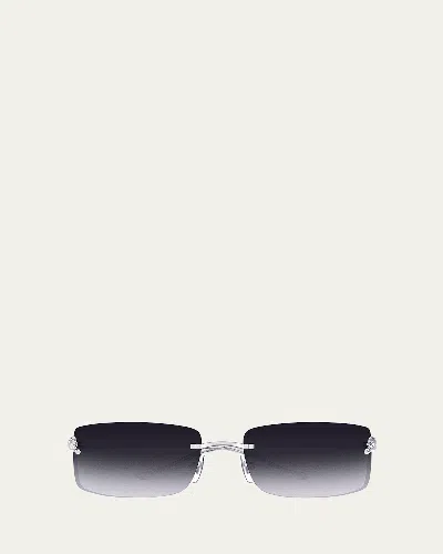 Cartier Panther Rimless Rectangle Metal Sunglasses In Smooth Platinum Finish