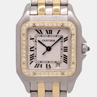 Pre-owned Cartier Customised White 50ct Diamond Stainless Steel Panthere 110000r Quartz Women's Wristwatch 27mm In Cream