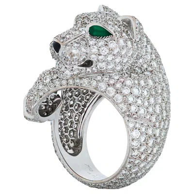 Pre-owned Cartier Panthere De  Diamond, Emerald & Onyx Panther Head Ring In 18k White Gold