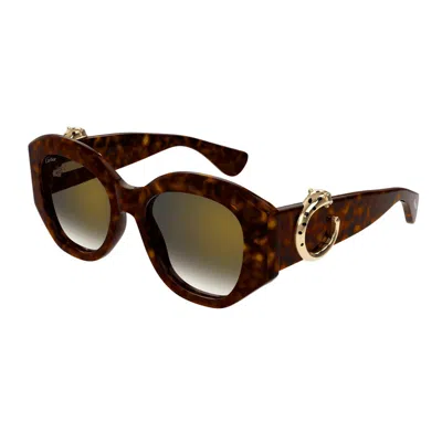 Cartier Panthere De  Green Cat Eye Ladies Sunglasses Ct0502s 002 53 In Brown