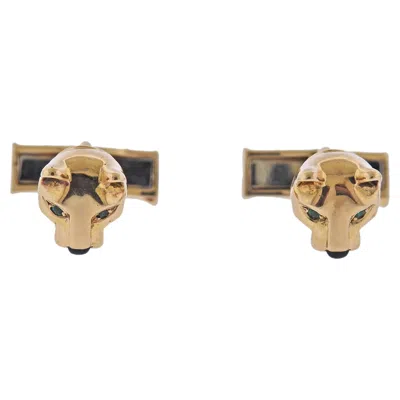 Pre-owned Cartier Panthere Emerald Onyx Gold Cufflinks In Green
