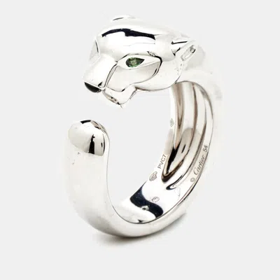 Pre-owned Cartier Panthere Tsavorite Garnet Onyx 18k White Gold Medium Model Ring Size 54