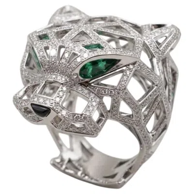 Pre-owned Cartier Panth�re De  Diamond Emerald Onyx 18k White Gold Ring