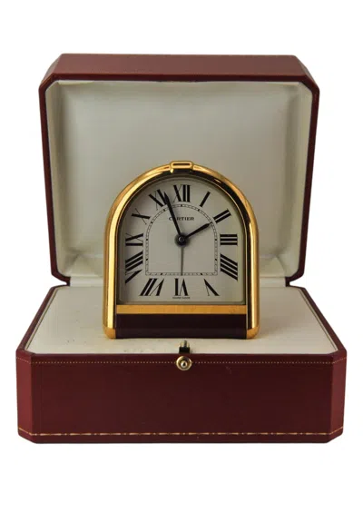 Pre-owned Cartier Paris 18ct Gold Plated Cased Romane Pendulette Quartz Alarm Clock In Brown