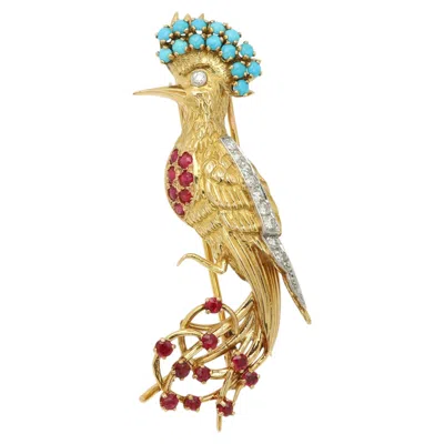 Pre-owned Cartier Paris 18k Gold Bird Brooch Pin Diamonds Ruby And Turquoise In Multiple