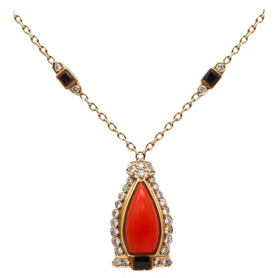 Pre-owned Cartier Paris 1940 Art Deco Necklace In 18kt Gold With Diamonds Coral & Onyxes In Red