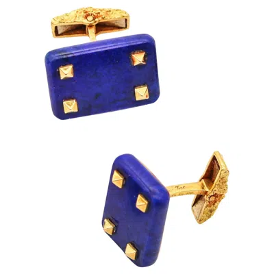 Pre-owned Cartier Paris 1960 Geometric Lapis Lazuli Cufflinks In Solid 18 Kt Yellow Gold