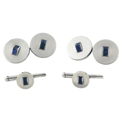 Pre-owned Cartier Paris Art Deco Sapphire Platinum Cufflinks Stud Dress Set In Blue