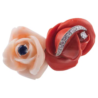 Pre-owned Cartier Paris Carved Coral Diamond Sapphire Rose Flower Gold Brooch In Red