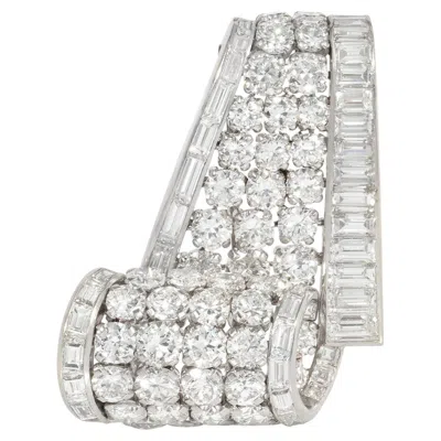 Pre-owned Cartier , Paris Diamond And Platinum Graduated Scroll Brooch In Multiple