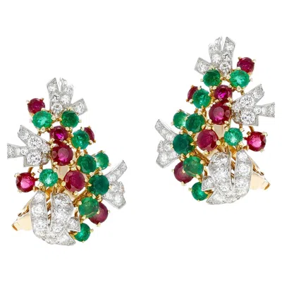 Pre-owned Cartier Paris Emerald Ruby And Diamond Platinum And Yellow Gold Earrings