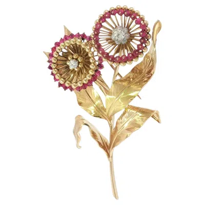Pre-owned Cartier Paris Flower Brooch 18k Yellow Gold Ruby & European Cut Diamonds ~4.5ctw