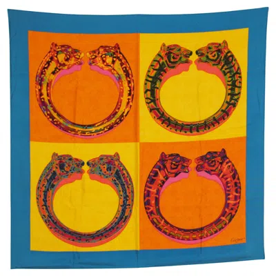 Pre-owned Cartier Paris Silk Scarf Blue And Yellow Panther Bracelets In Box