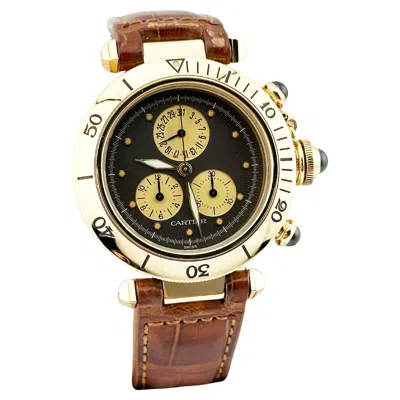 Pre-owned Cartier Pasha 1353 Chronograph Grey Dial 18k Yellow Gold Leather Strap 35mm