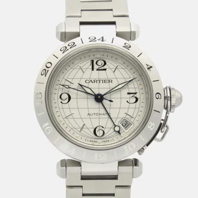 Pre-owned Cartier Pasha C Gmt Meridian W31078m7 Automatic Silver Stainless Steel Men's Wristwatch 35 Mm