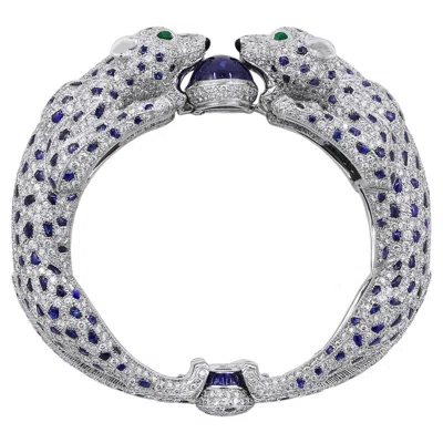 Pre-owned Cartier Platinum, Diamond And Sapphire Two Panther Head Bangle In Blue