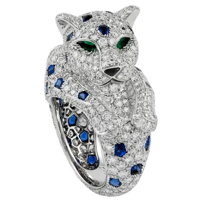 Pre-owned Cartier Platinum Diamond, Sapphire And Emerald-eyed Panther Ring In Blue