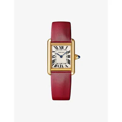 Cartier Platinum Tank Américaine Small 18ct Yellow-gold And Leather Automatic Watch 29.5mm In Red