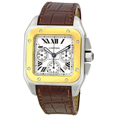 Cartier Santos 100 Chronograph Automatic Silver Dial Men's Watch W20091x7 In Brown / Gold / Silver / Yellow
