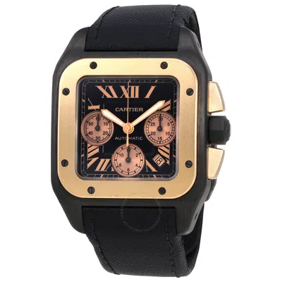 Cartier Santos 100 Chronograph Automatic Black Dial Men's Watch W2020004 In Black / Gold / Rose / Rose Gold