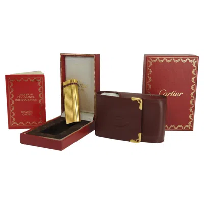 Pre-owned Cartier Rare  18ct Gold Plated Godron Lighter & Leather  Cigarette Case In Brown