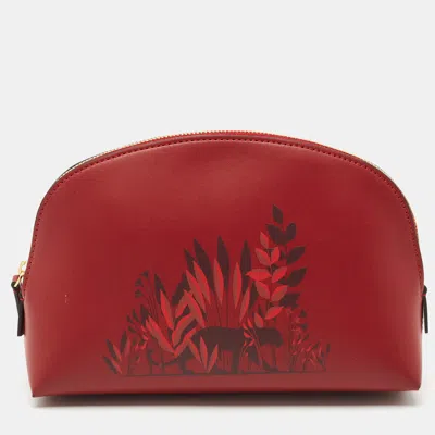 Pre-owned Cartier Red Panthere Logo Leather Zip Cosmetic Pouch