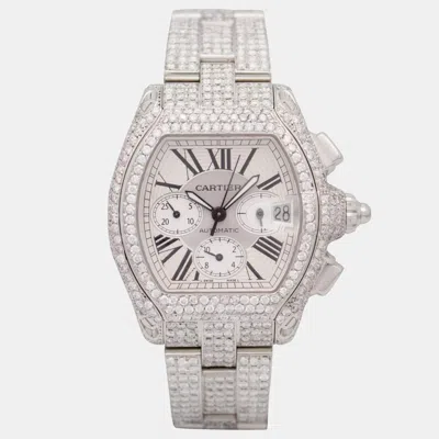 Pre-owned Cartier Roadster 2618 Chrono Auto White Dial Steel Custom Iced Out Diamonds Wristwatch