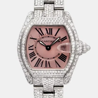 Pre-owned Cartier Roadster 2675 31mm Custom Diamond Pink Roman Dial Quartz Date Wristwatch