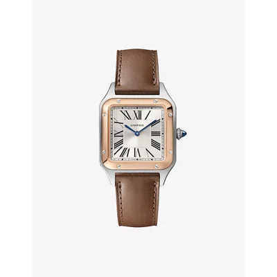 Cartier Rose Gold And Steel Crw2sa0020 Santos Dumont Small 18ct Rose-gold And Leather Quartz Watch In Brown
