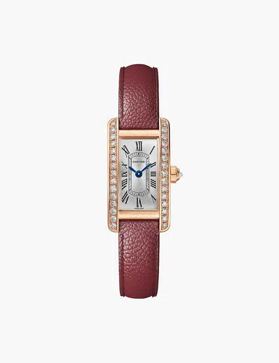 Cartier Rose Gold Tank Americaine Mini 18ct Rose-gold, 0.55ct Brilliant-cut Diamond And Leather Quartz Watch