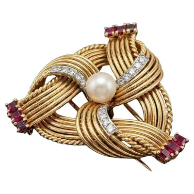 Pre-owned Cartier Ruby Diamond Pearl Brooch 18k Yellow Gold