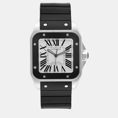 Pre-owned Cartier Santos 100 Steel Black Rubber Strap Men's Watch 38 Mm