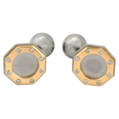 Pre-owned Cartier Santos 18k Gold Steel Octagonal Screw Motif Ball Stud Cufflinks In Multiple