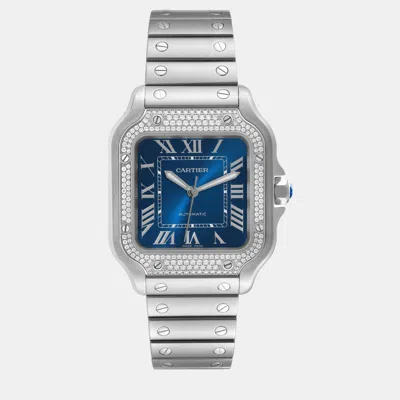 Pre-owned Cartier Santos Blue Dial Diamond Steel Men's Watch 35 Mm