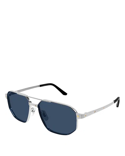 Cartier Santos Classic Platinum Plated Metal Polarized Navigator Sunglasses, 60mm In Silver