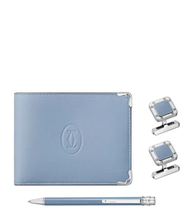 Cartier Santos De  Cufflinks, Pen And Wallet Set In Blue